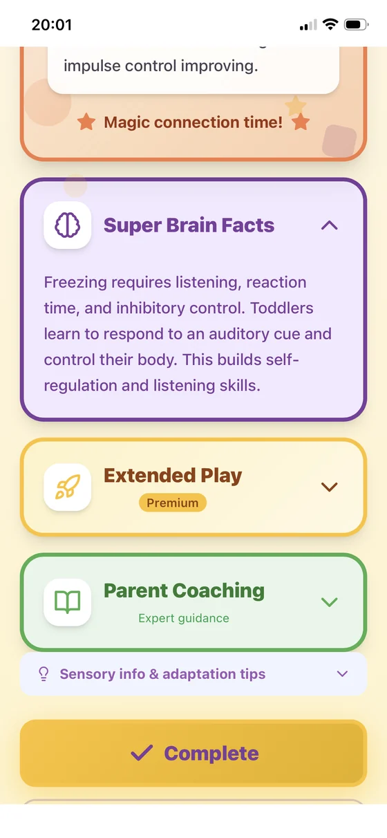 An activity screen showing Super Brain Facts explaining the developmental science behind the play