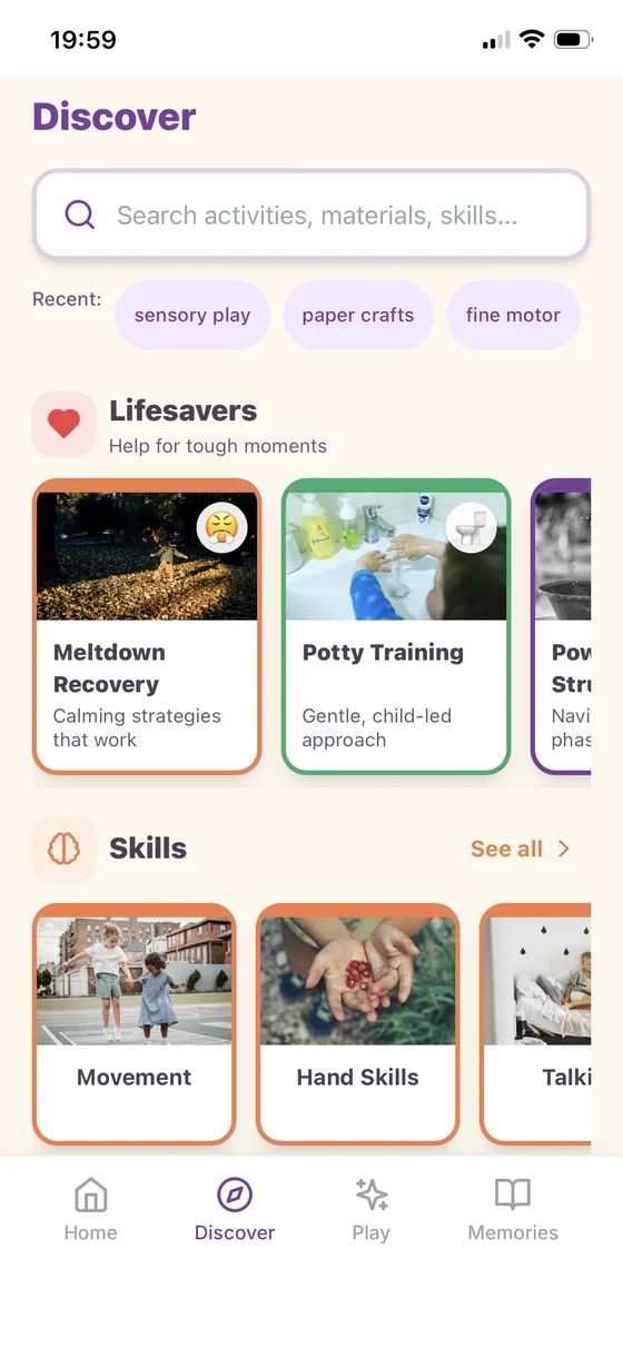 Discover screen with Lifesavers for tough moments and skill categories