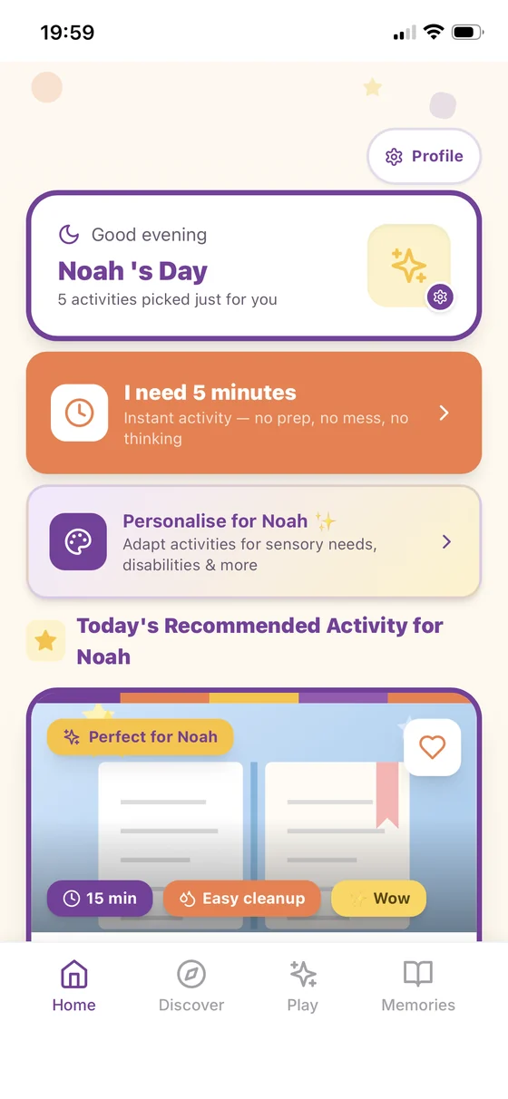 The Mooshie Moments app home screen, showing a personalised daily activity and an I need 5 minutes shortcut
