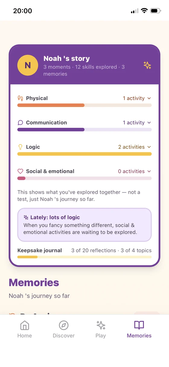 Memories screen showing skills explored and a keepsake journal