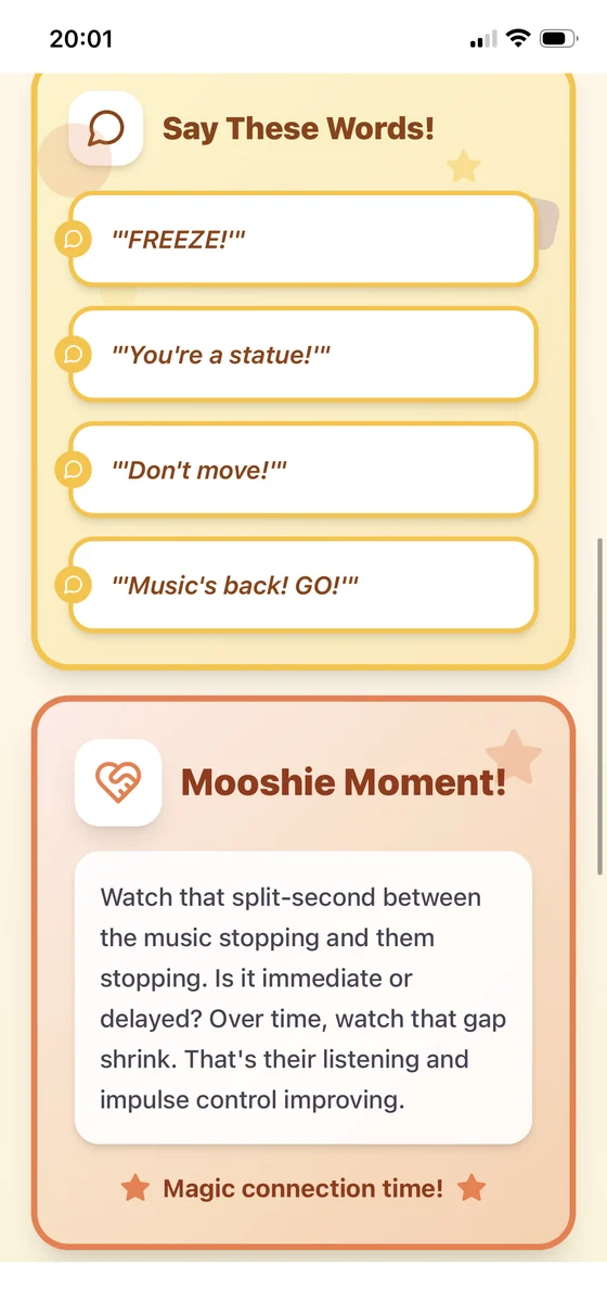 Activity screen showing suggested phrases to say and a Mooshie Moment prompt