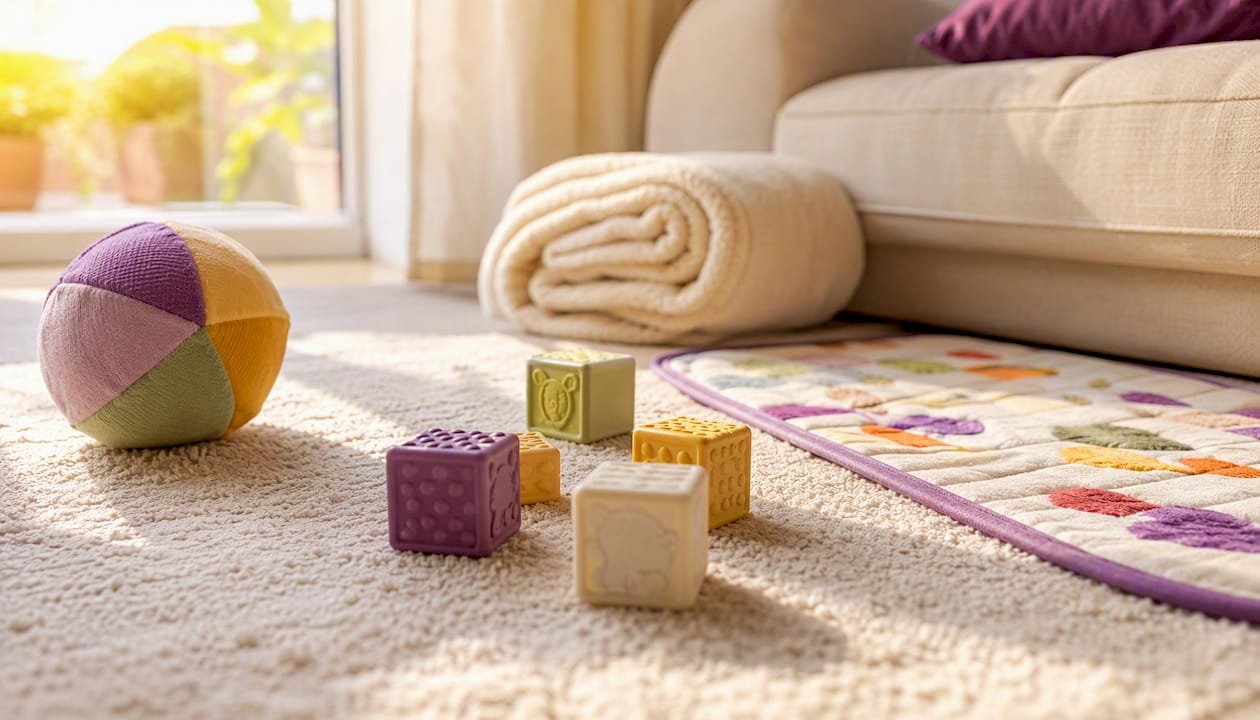 Safe play area with baby-safe toys and cleared floor