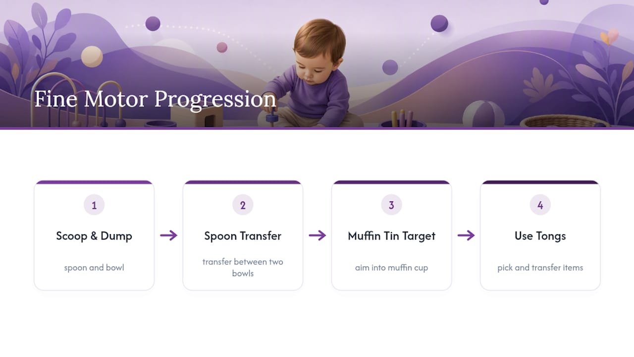 Diagram showing toddler fine motor skill progression steps