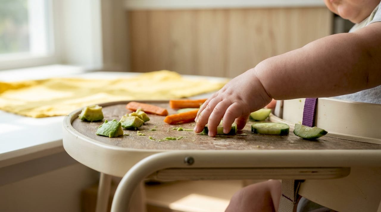 Baby hand reaching for soft finger foods on tray