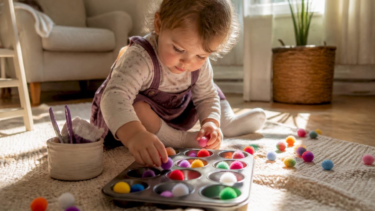 Toddler's hands sorting pom-poms in muffin tin