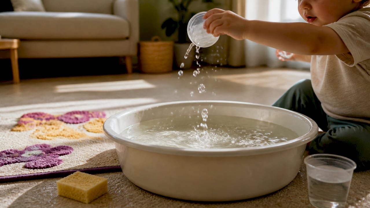 Toddler hands pouring water at indoor water station