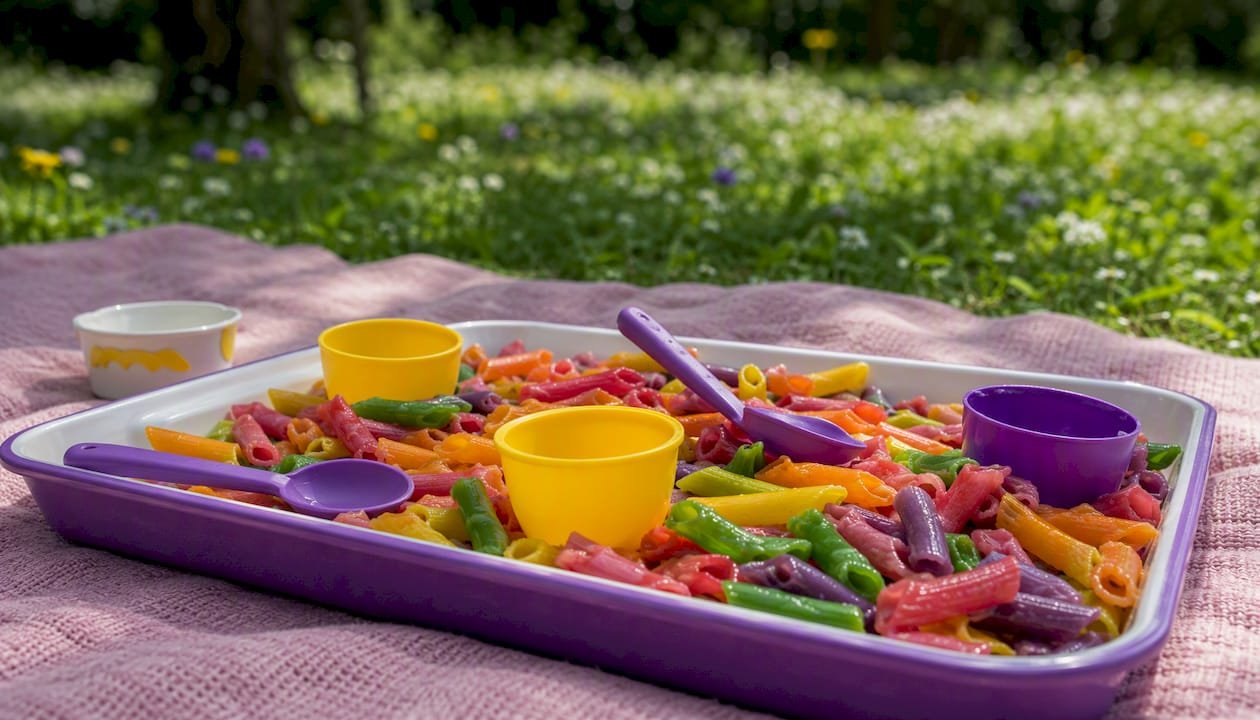 Tray of dyed cooked pasta for sensory play