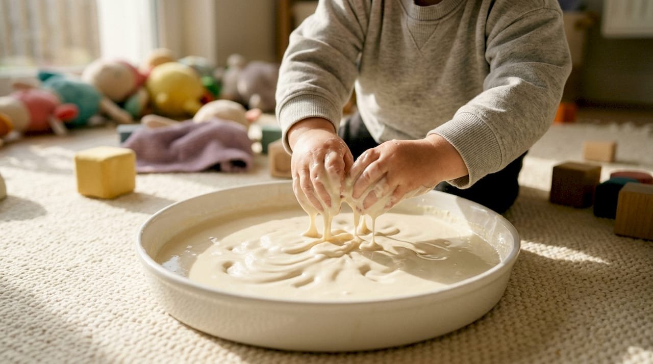 Hands pressing into oobleck sensory material