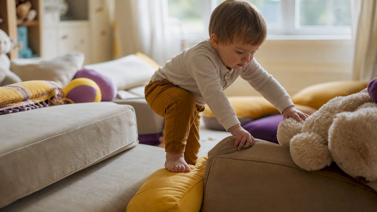 Toddler climbing indoor obstacle course cushions