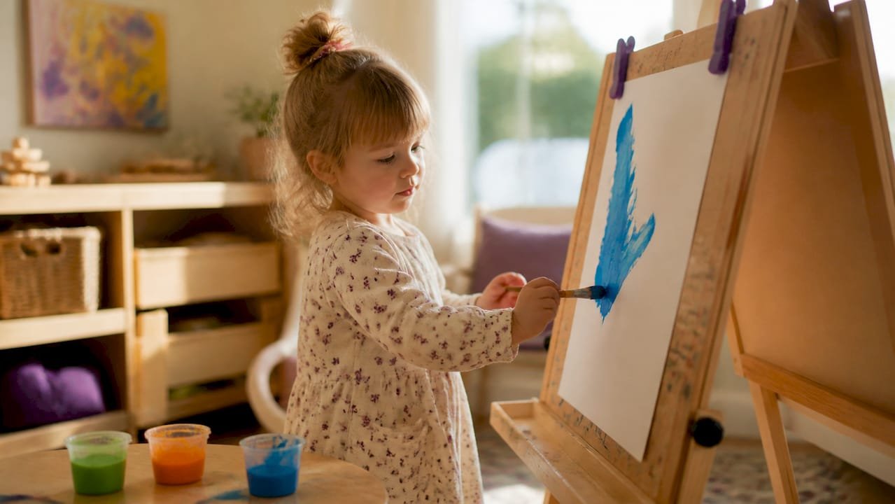 Child painting on easel with washable paints