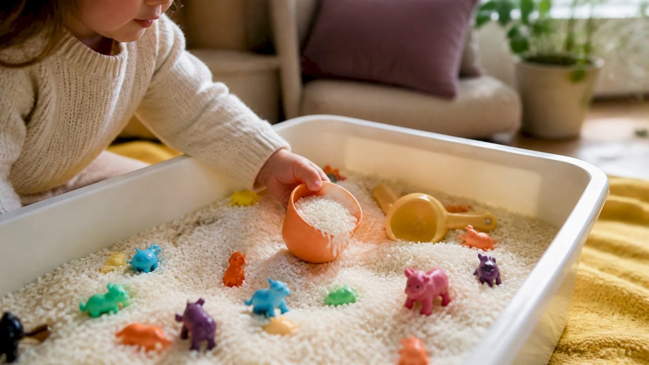 Child’s hand scooping rice in sensory bin