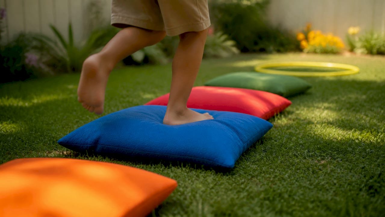 Child's foot balancing on cushion in backyard obstacle course