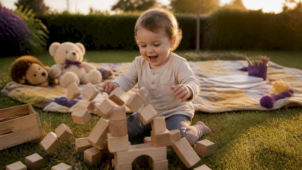 Toddler knocking down colorful block tower