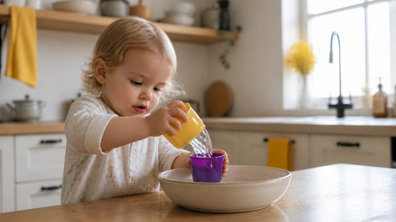 Toddler hands pouring water between cups
