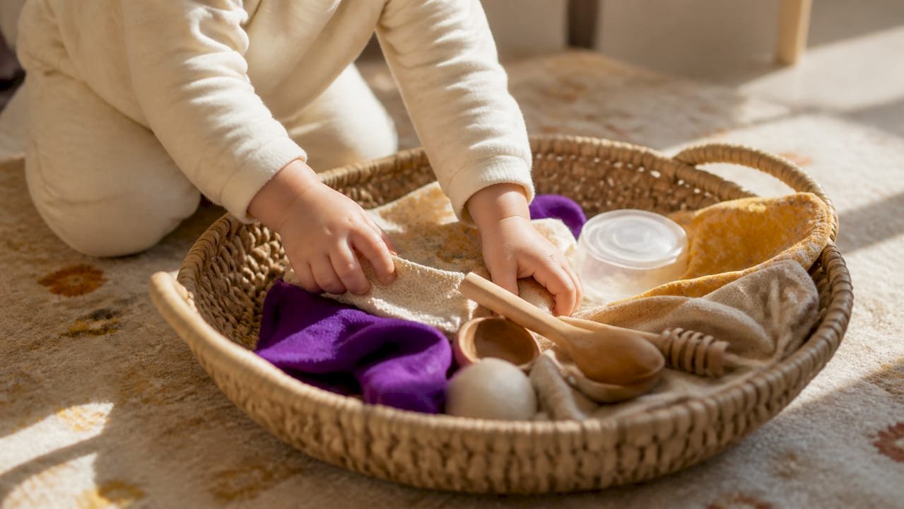 Toddler hands exploring discovery basket