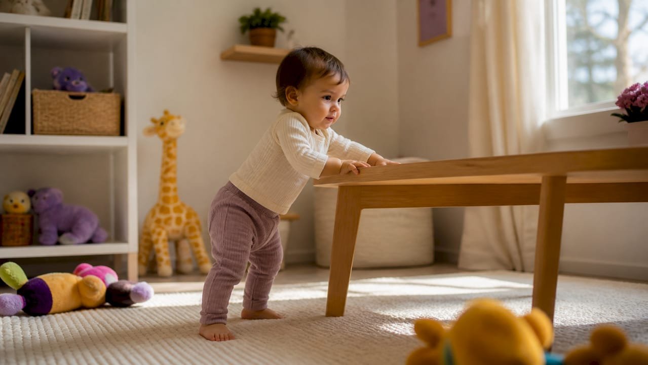 Toddler practicing walking holding sofa edge