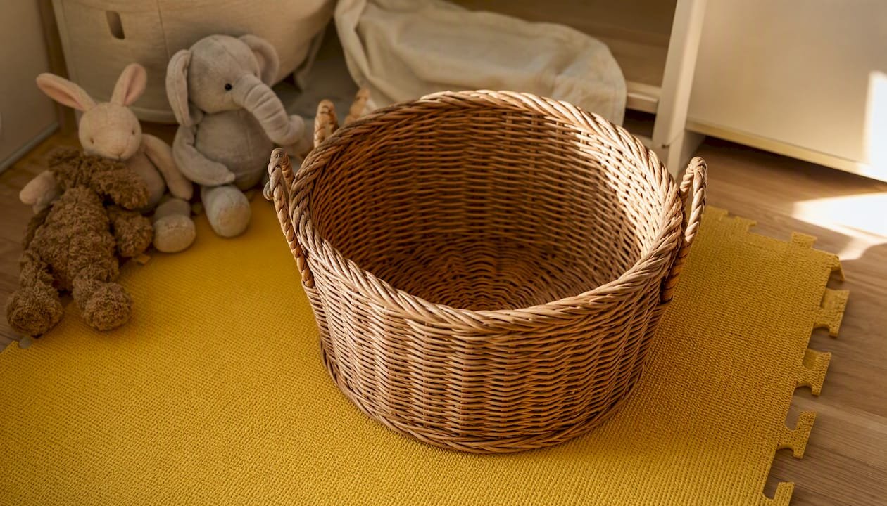 Sturdy low wicker treasure basket empty