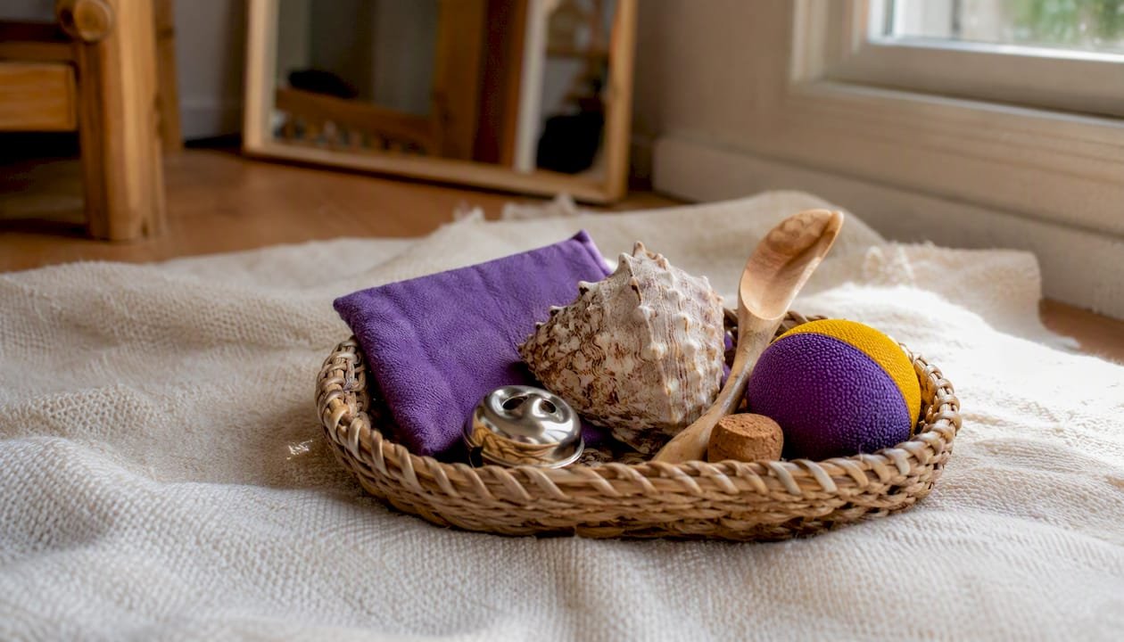 Sample assortment of treasure basket items in wicker basket