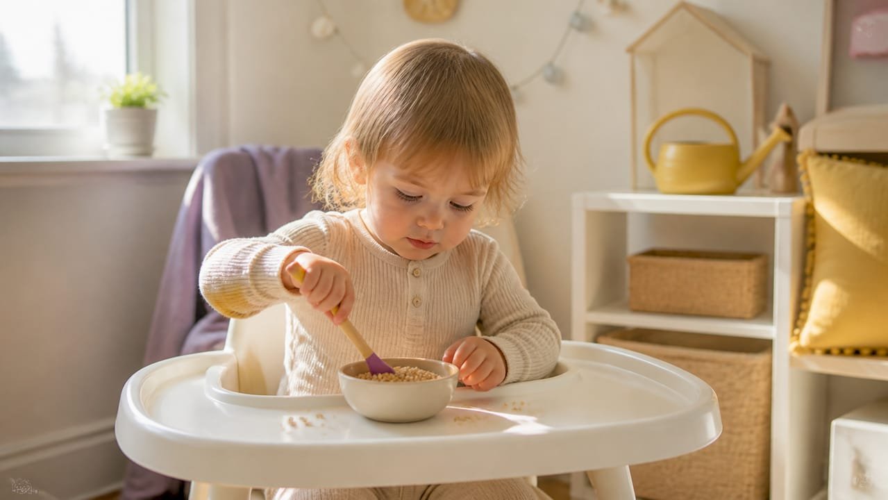 Toddler's clean high chair tray with bowl and spoon for contained play
