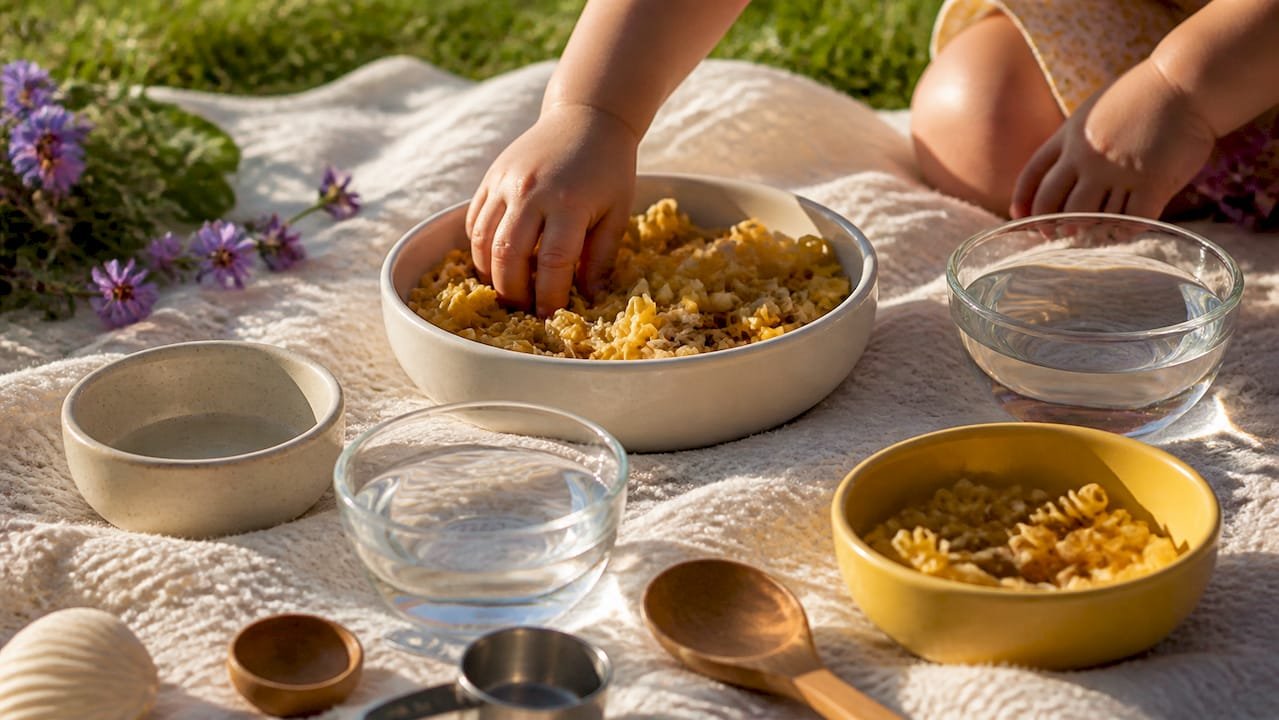 Sensory play setup with textured materials on towel