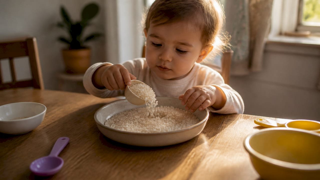 Toddler hands scooping dry rice sensory play