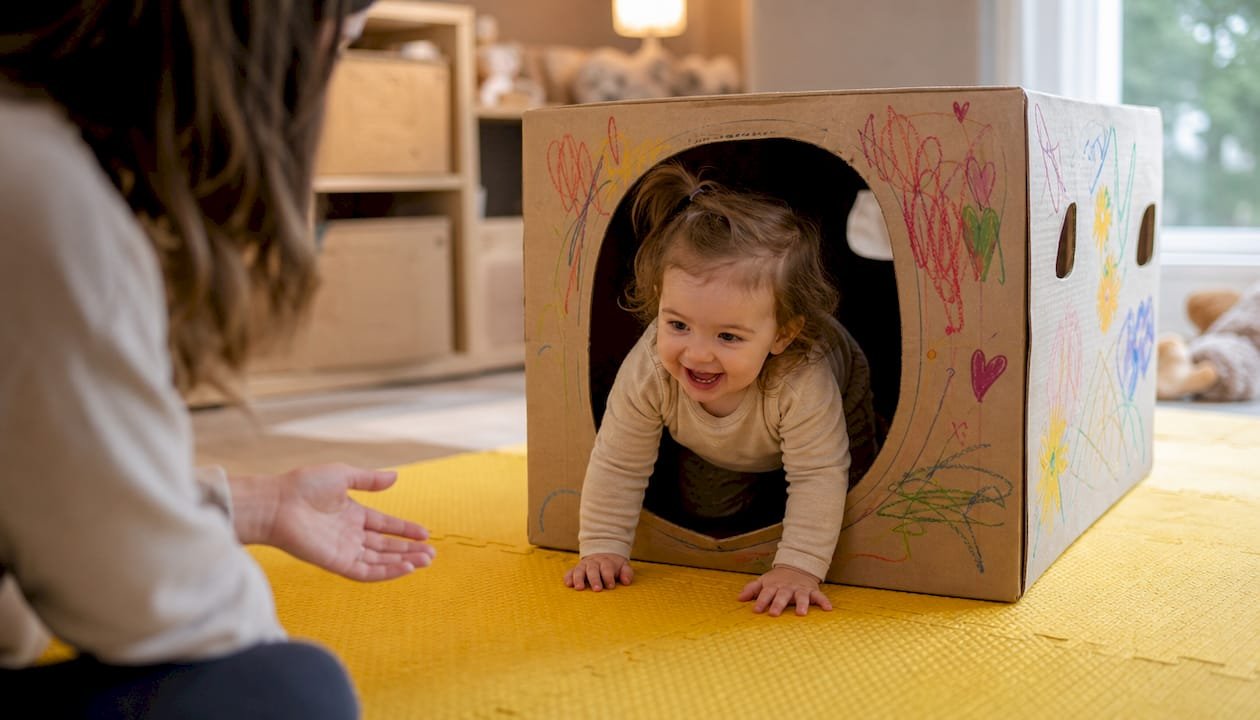 Toddler crawling through cardboard box tunnel