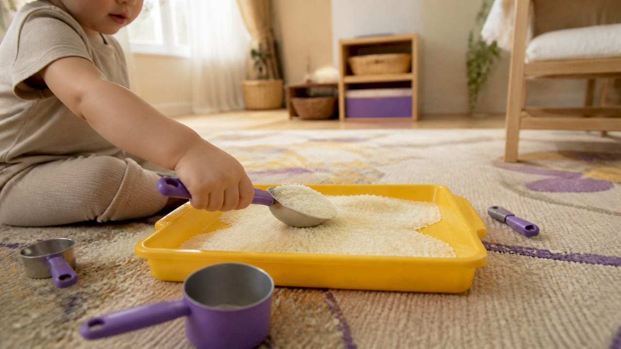 Toddler hands scooping dry rice from tray