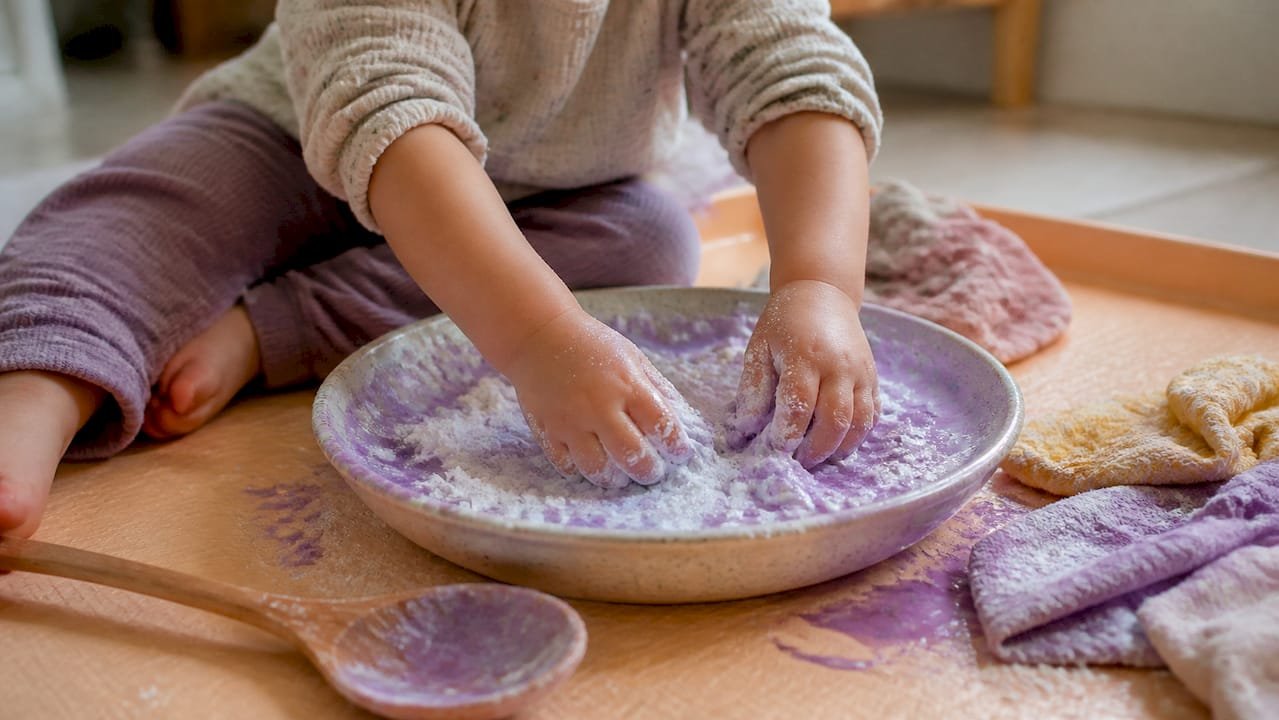 Toddler hands mixing cornstarch and dyed water