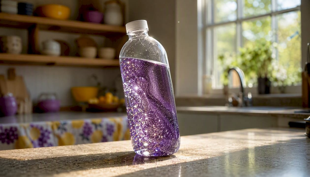 Sensory glitter and soap bottle on table