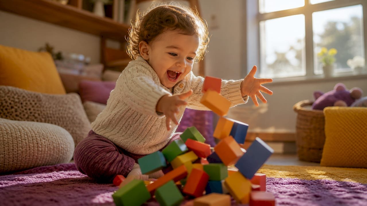Toddler knocking down a block tower