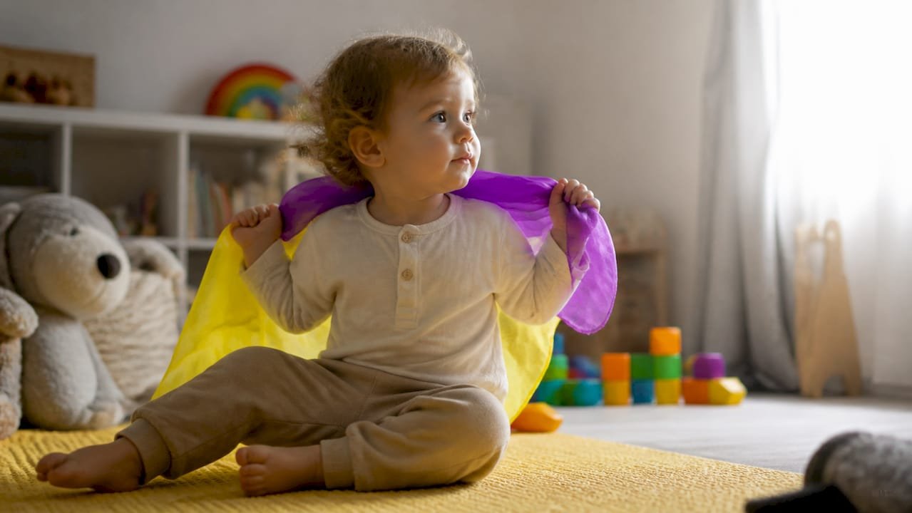 Toddler playing with colorful silk scarf indoors