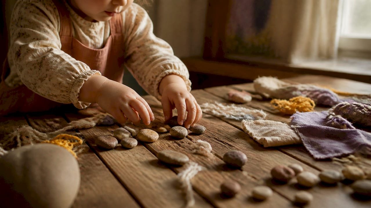 Toddler hands sorting loose parts on table