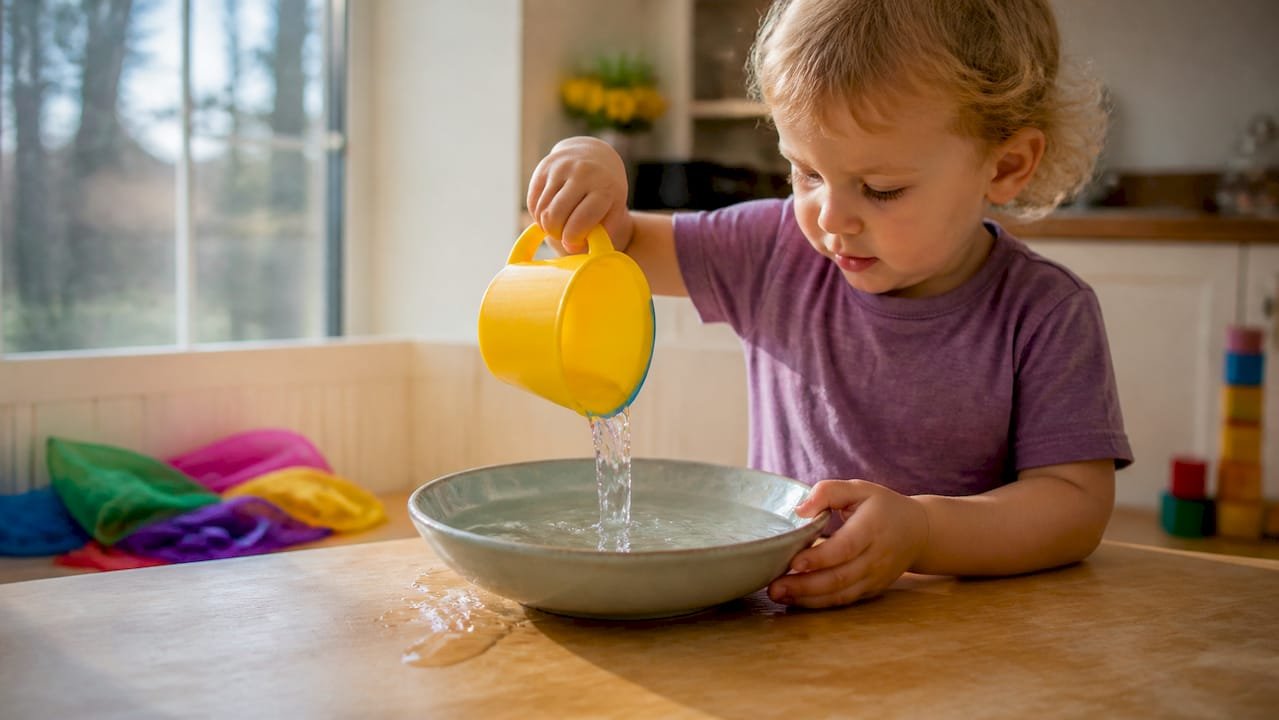 Toddler pouring water between containers