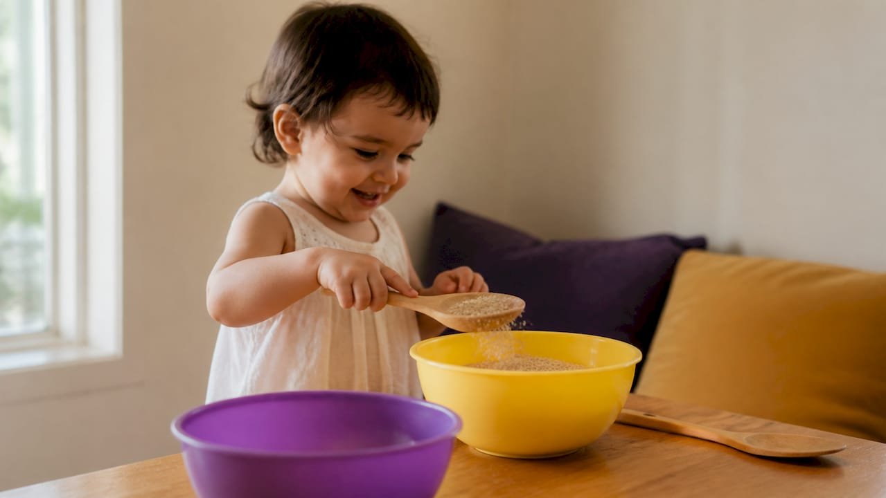Toddler scooping and pouring toys repeatedly