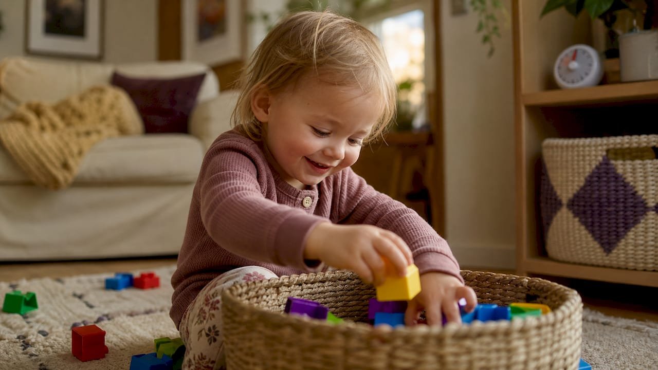 Toddler clearing toys with timer game