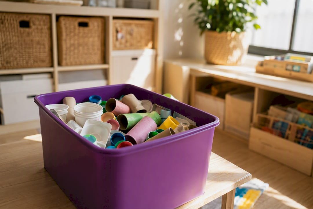 Box of safe recycled craft materials for toddlers