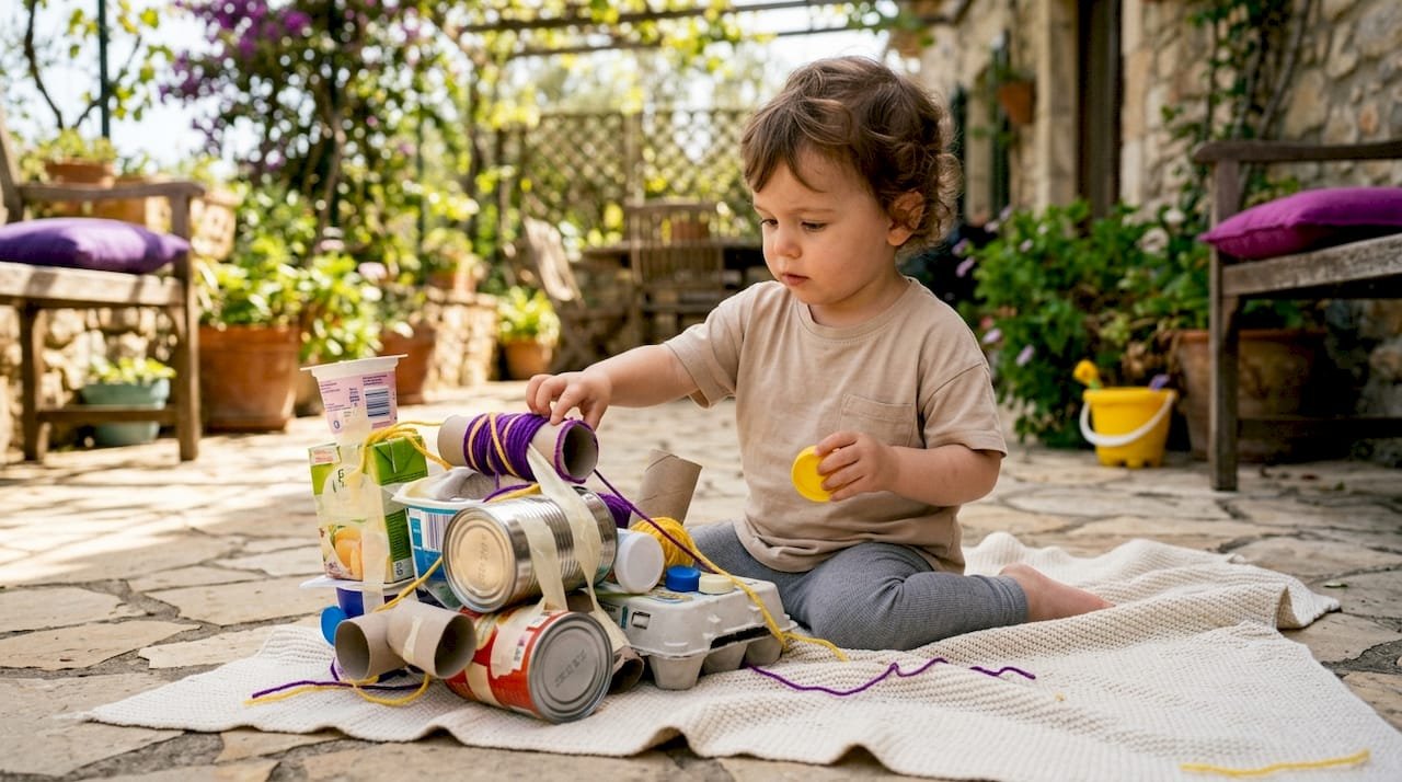 Toddler exploring abstract recycled junk model