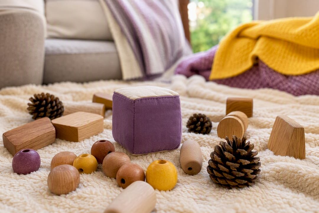 Safe heuristic play objects arranged on cream surface