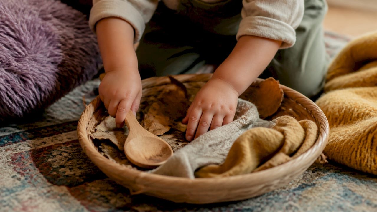 Toddler hands exploring sensory objects in basket