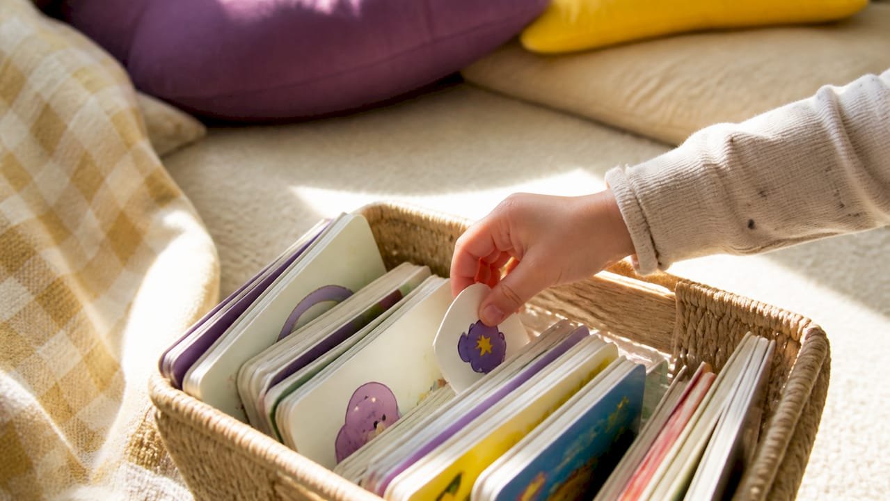 Toddler hands reaching for board books and stickers