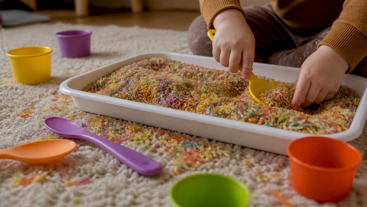 Toddler hands scooping rice in sensory tray
