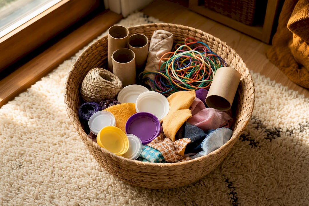 Basket with strings, lids and tubes for play