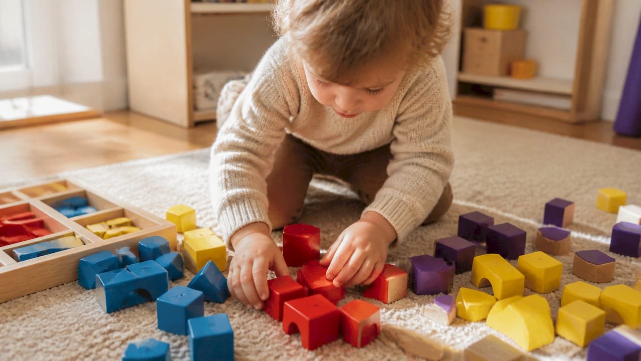 Toddler hands sorting colorful wooden blocks