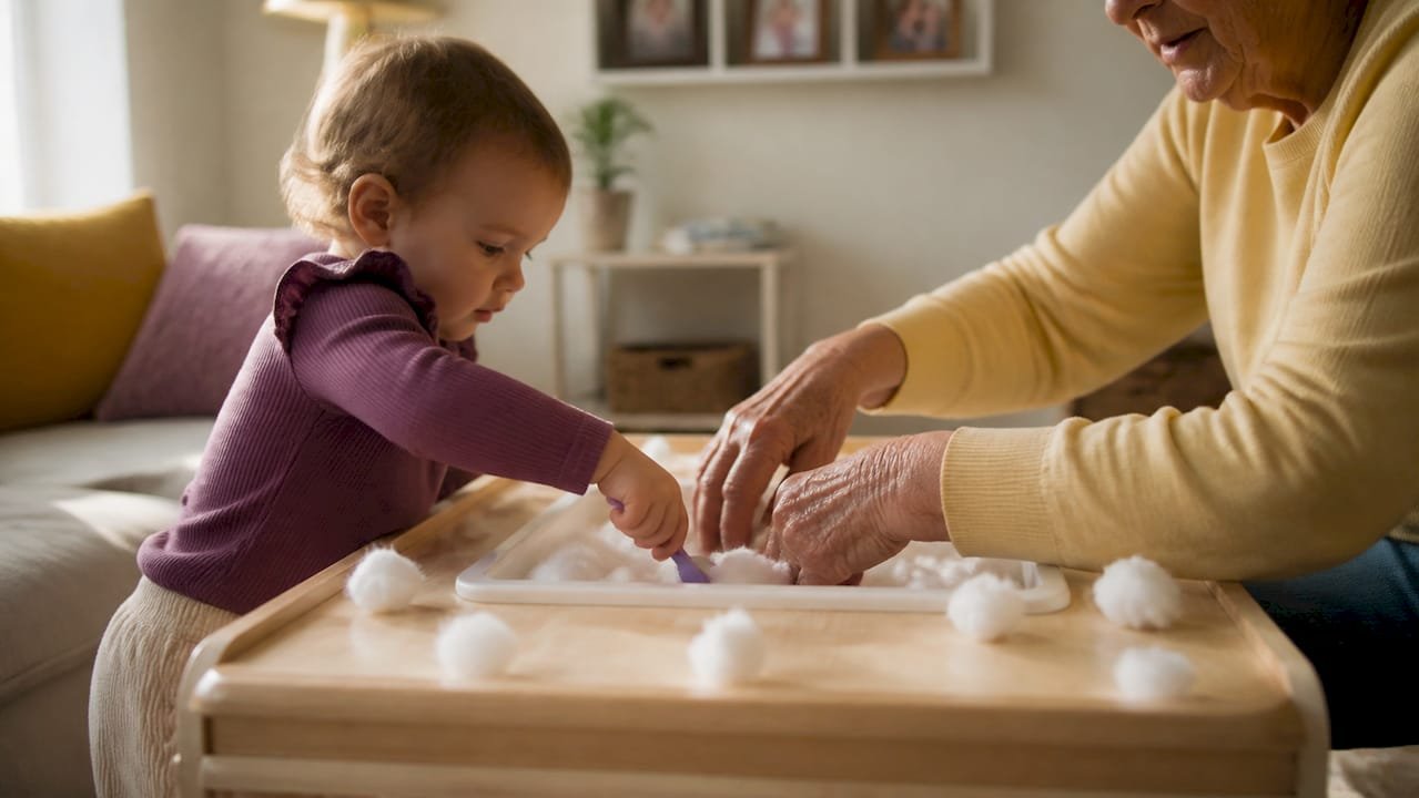 Hands scooping rice from sensory bin on table