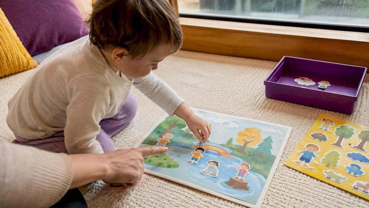 Toddler creating a sticker story page