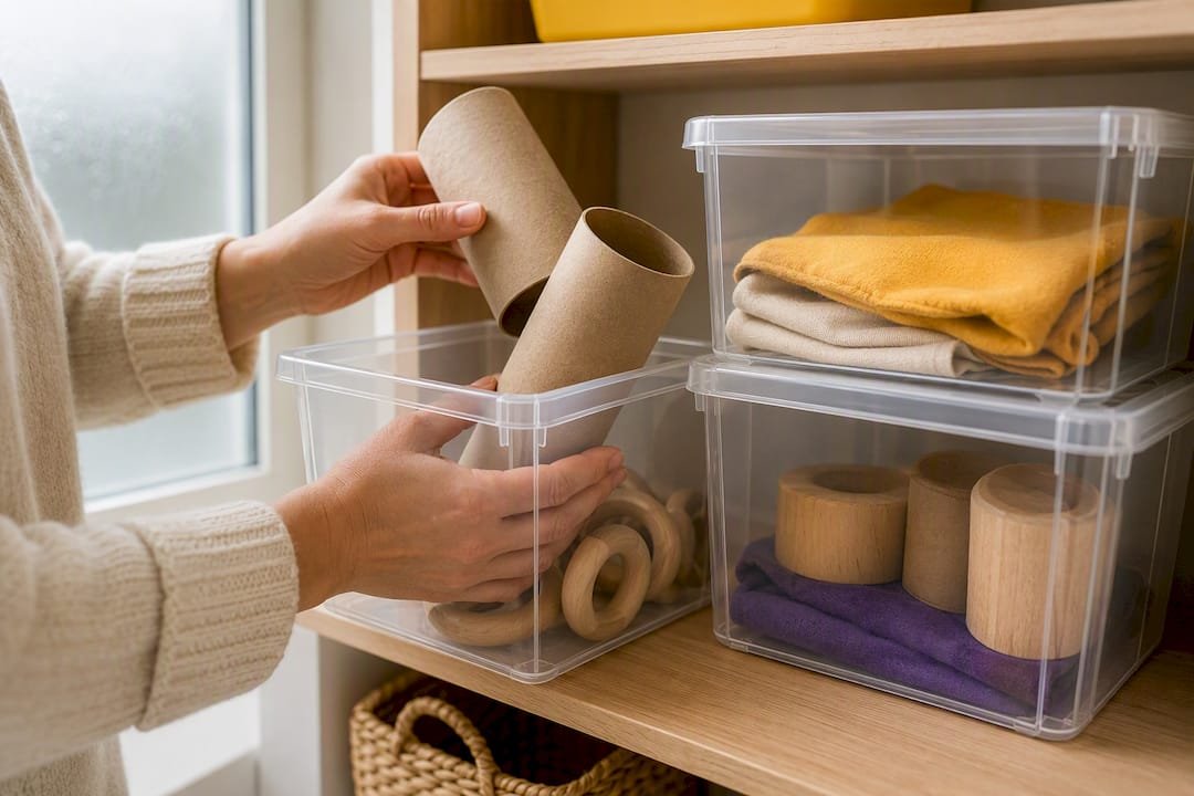 Large loose parts sorted into clear storage bins