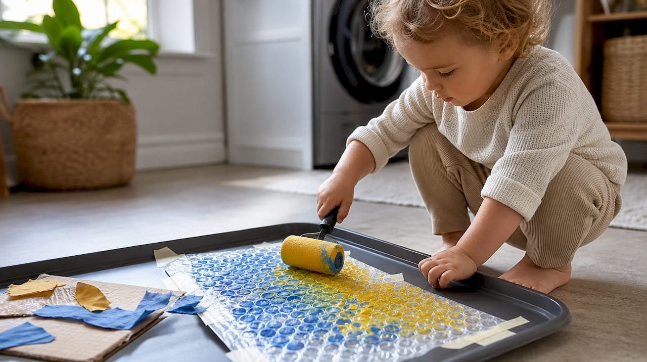 Toddler making bubble wrap painted patterns