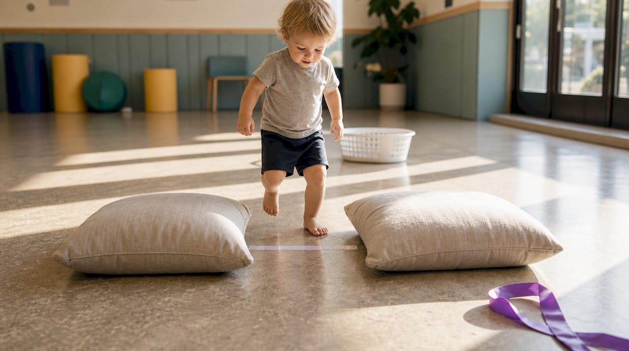 Toddler navigating a simple pillow obstacle course