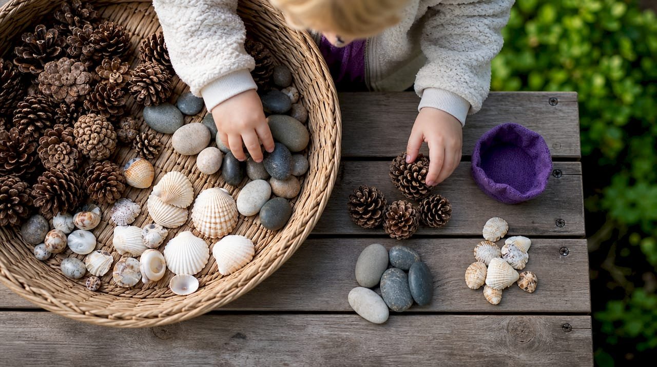 Toddler sorting natural objects from basket
