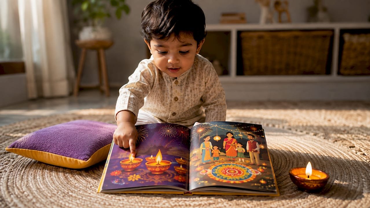 Toddler exploring a Diwali picture book
